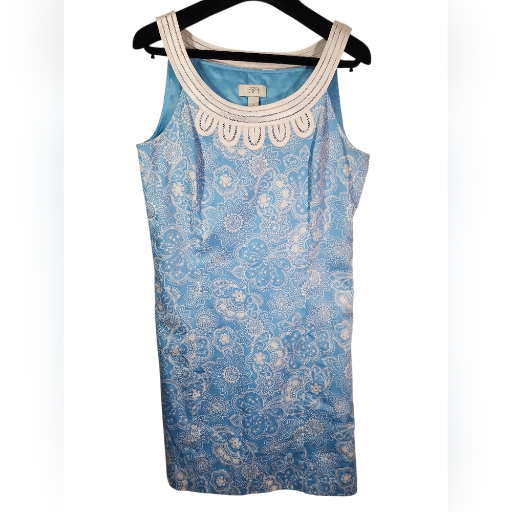 Ann Taylor Loft Blue Paisley Floral Sleeveless Short Embroidered Shift Dress. 4 - Picture 3 of 14